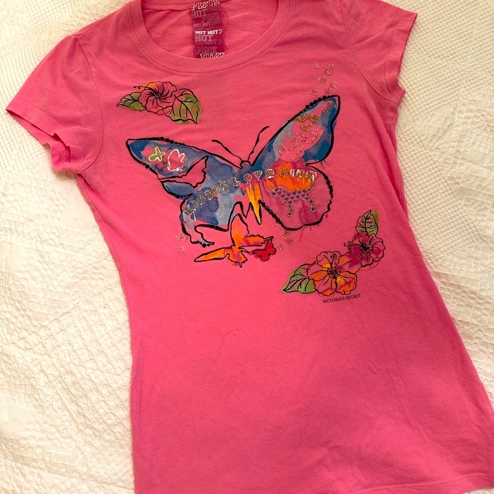 Victoria's Secret Pink and Blue Butterfly Tee XS